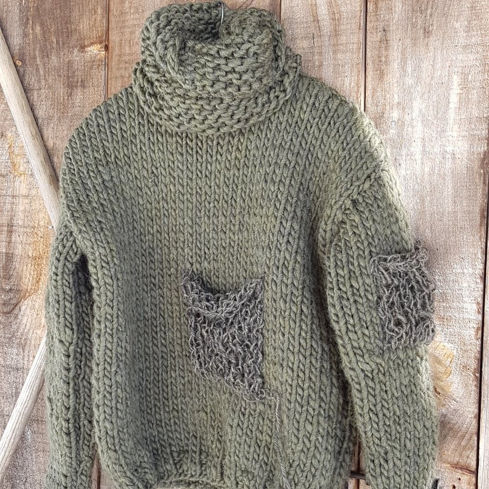 Unique Wool winter set, army green, sweater with matching hat and tubular scarf,